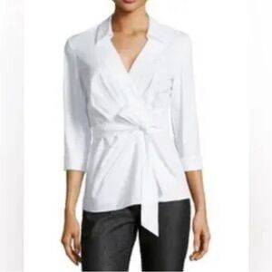 Lafayette 148 New York Stretch Cotton Basilla Wrap Blouse, White, size 4